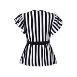 Women Black and White Striped Short Sleeve V-Neck Belted Top