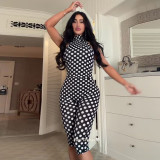 Women Spring Summer Backless Sexy Halter Neck Belted Polka Dot Printed 3/4 Length Jumpsuit