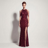 Women Sequin Split Fringe Shoulder Chain Formal Party Evening Gown