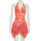 Women Summer Casual Printed Sleeveless Halter Neck Lace Up Ruffled Dress