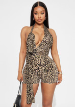 Women Spring Summer Leopard Printed Sexy Halter Neck Backless Tie Romper