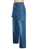 Women American Style Fake Two-Piece Denim Wide-Leg Pant