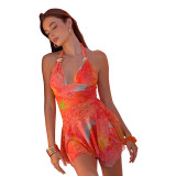 Women Summer Casual Printed Sleeveless Halter Neck Lace Up Ruffled Dress