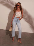 Women Casual Lace-Up Washed Denim Pants