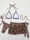 Women Leopard Printed Sexy Halter Neck Swimwear Three-Piece Set