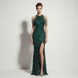 Women Sequin Split Fringe Shoulder Chain Formal Party Evening Gown