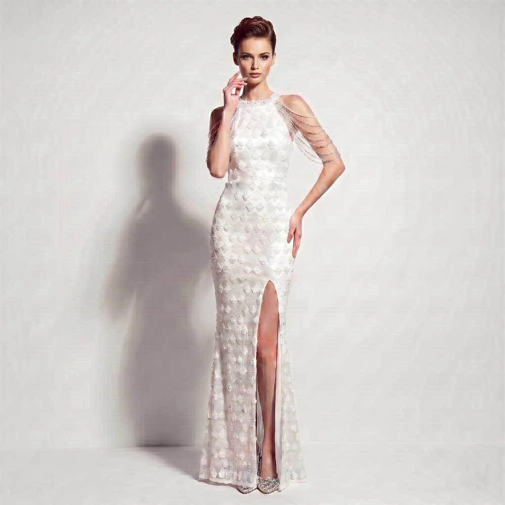 Sequin Split Fringe Shoulder Chain Formal Evening Gown