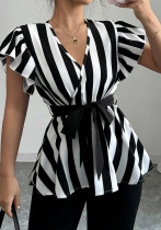 Women Black and White Striped Short Sleeve V-Neck Belted Top
