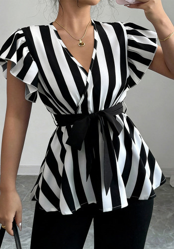 Women Black and White Striped Short Sleeve V-Neck Belted Top