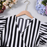 Women Black and White Striped Short Sleeve V-Neck Belted Top