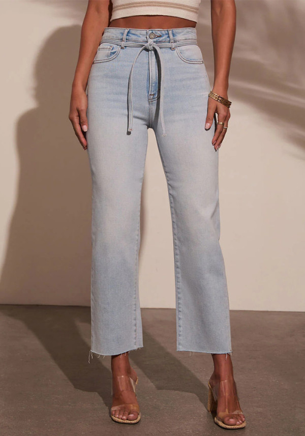 Women Casual Lace-Up Washed Denim Pants