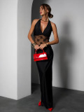 Women Summer Elegant Black Sexy Backless Lace Patchwork Halter Neck Sleeveless Dress