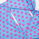 Women Polka Dot Printed Halter Neck Sash Backless 3/4 Length Jumpsuit