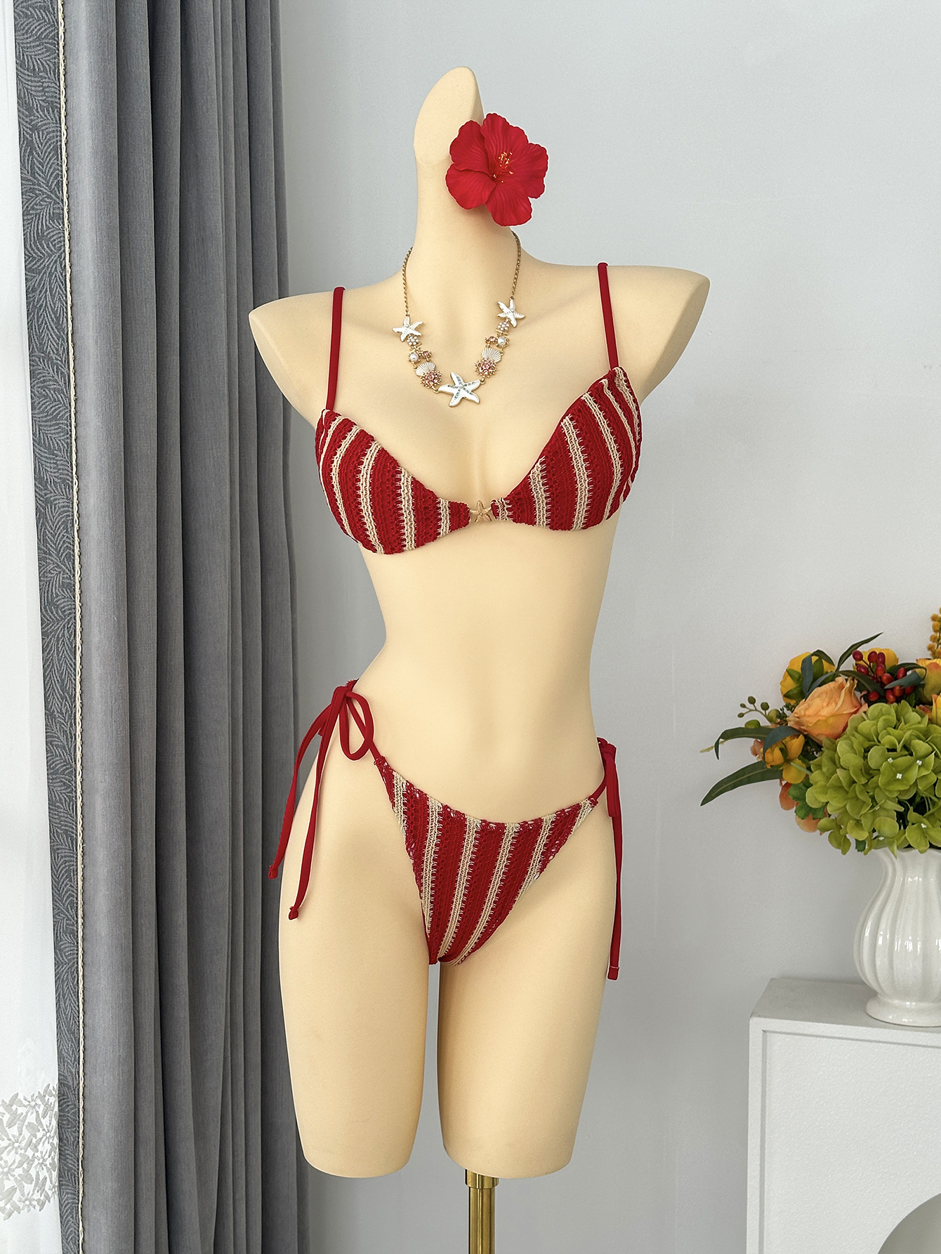 Striped Halter Belted Strapless Two-Piece Bikini for Summer