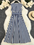 Women Black and White Striped Sleeveless V-Neck Belted Dress