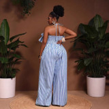Women Elegant Belted Halter Neck Backless Striped Jumpsuit
