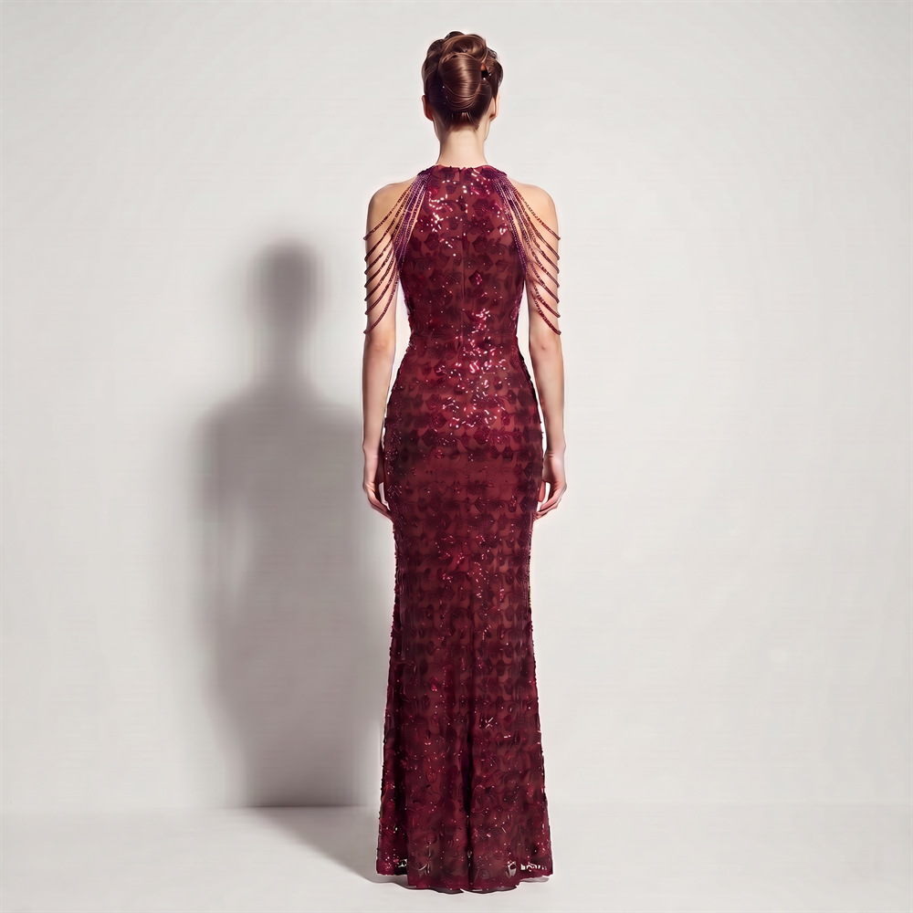 Sequin Split Fringe Shoulder Chain Formal Evening Gown