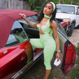 Women Polka Dot Printed Halter Neck Sash Backless 3/4 Length Jumpsuit