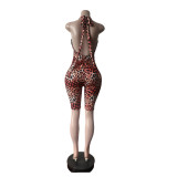 Women Cow Print Halter Neck Sleeveless Knee-Length Jumpsuit
