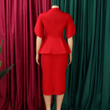 Women Short Sleeve Elegant Ruffled Split Color Bodycon Dress