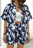Women Beach Holidays Printed Short Sleeve Shirt and Shorts Two-Piece Set