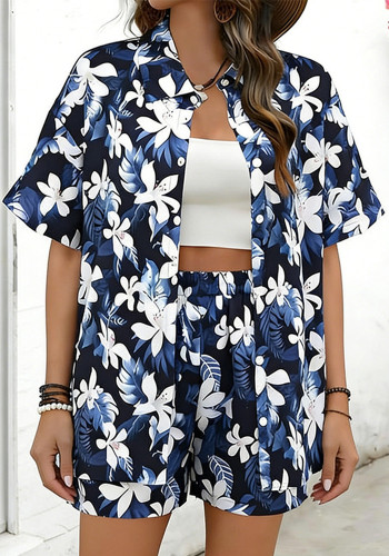Women Beach Holidays Printed Short Sleeve Shirt and Shorts Two-Piece Set