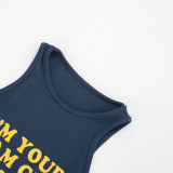 Women Summer Letter Rubber Print Ribbed Sleeveless Top