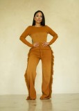 Women Casual Long Sleeve Zipper Top and Wide-Leg Pants Two-Piece Set