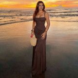 Women Spring Colorful Sexy Square Neck Ruched Dress