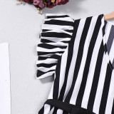 Women Black and White Striped Short Sleeve V-Neck Belted Top