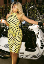 Women Spring Summer Backless Sexy Halter Neck Belted Polka Dot Printed 3/4 Length Jumpsuit