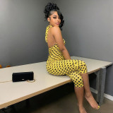 Women Spring Summer Backless Sexy Halter Neck Belted Polka Dot Printed 3/4 Length Jumpsuit