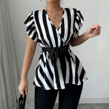 Women Black and White Striped Short Sleeve V-Neck Belted Top