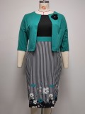 Plus Size Women African Mom Coat Printed Dress Two-Piece Set