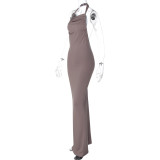 Women Summer Halter Neck Ruched Sexy Backless Maxi Dress