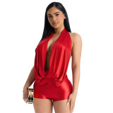 Women Summer Colorful Halter Neck Draped Backless Belted Romper