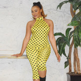 Women Spring Summer Backless Sexy Halter Neck Belted Polka Dot Printed 3/4 Length Jumpsuit