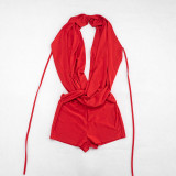 Women Summer Colorful Halter Neck Draped Backless Belted Romper