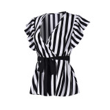 Women Black and White Striped Short Sleeve V-Neck Belted Top