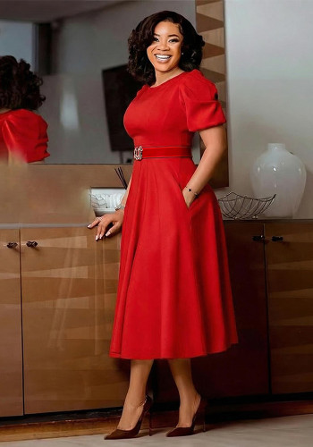 Plus Size African Women Round Neck Puff Sleeve Dress