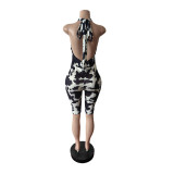 Women Cow Print Halter Neck Sleeveless Knee-Length Jumpsuit
