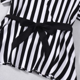 Women Black and White Striped Short Sleeve V-Neck Belted Top