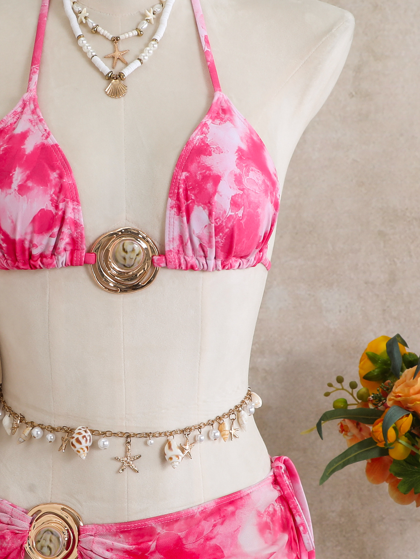 Tie-Dye Mesh Halter Lace-Up Three-Piece Bikini for Holidays