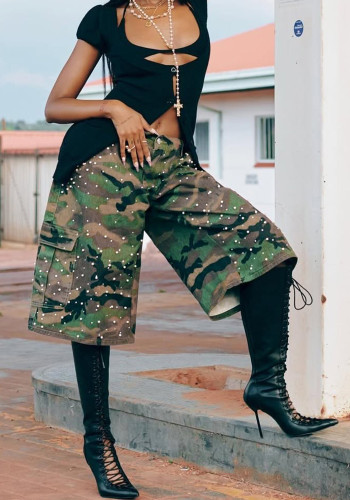 Women Pearl Rhinestone Camouflage American Cargo Denim Shorts