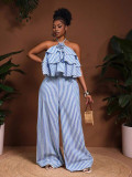 Women Elegant Belted Halter Neck Backless Striped Jumpsuit