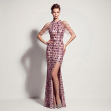 Women Sequin Split Fringe Shoulder Chain Formal Party Evening Gown
