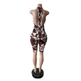 Women Cow Print Halter Neck Sleeveless Knee-Length Jumpsuit