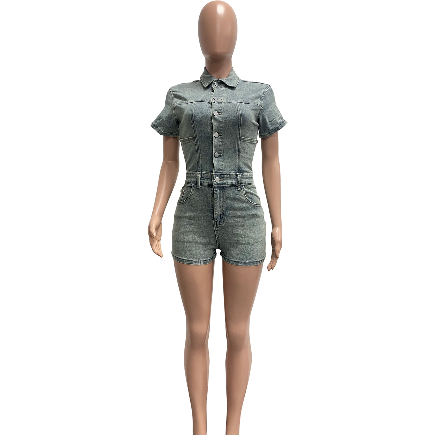Stretchy Washed Denim Jumpsuit for Casual Streetwear
