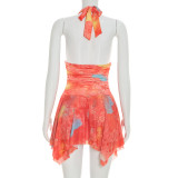 Women Summer Casual Printed Sleeveless Halter Neck Lace Up Ruffled Dress