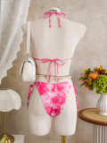 Women Sexy Tie-Dye Mesh Holidays Halter Neck Lace-Up Bikini Three-Piece Swimwear